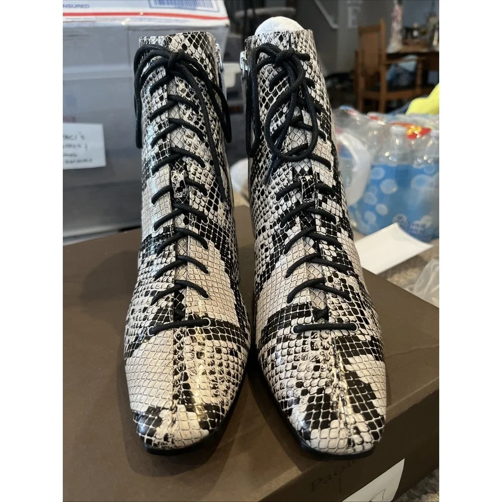 Linea Paolo Santa Wedge Boot Black Snake Print Leather  7.5